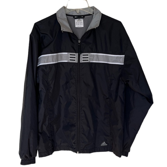 Adidas men’s nylon zip up windbreaker size medium pockets black with gray band - Picture 1 of 16